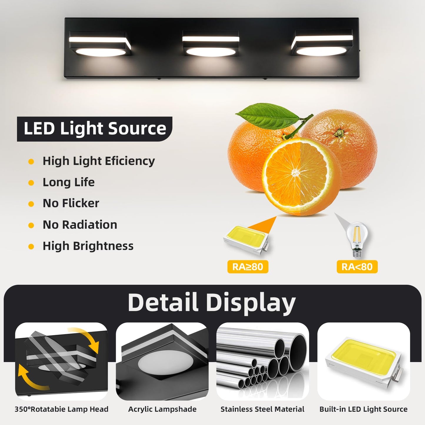 Okeli Bathroom Light Fixtures  Matte Black Vanity Light Modern Led Acrylic Lighting Fixtures  Bathroom Accessories Dimmer Lamps  3Cct  22-Inch