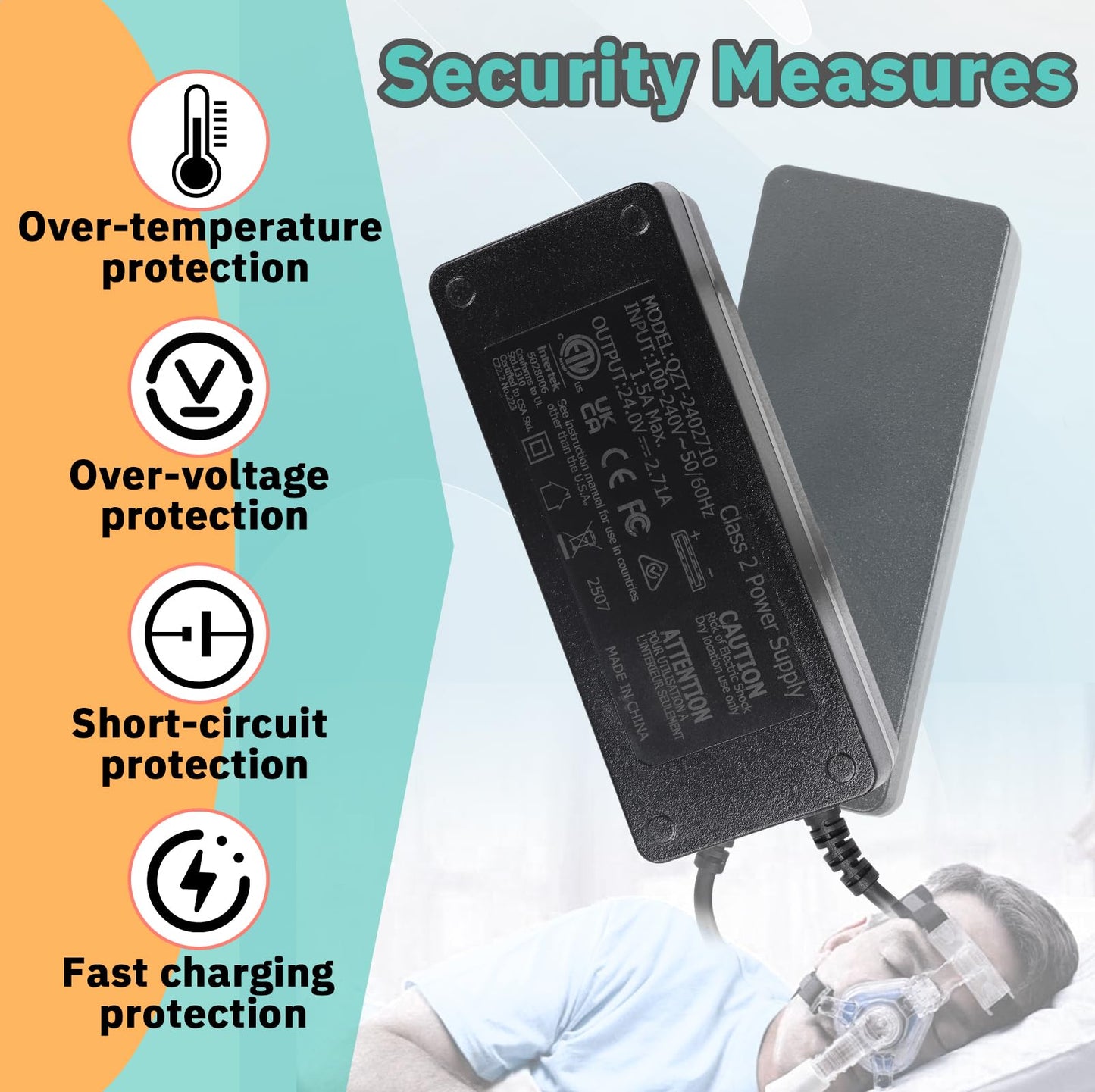 24V 65W Power Supply Charger Replacement Compatible with Resmed AirSense 11 CPAP, AirSense 11 AutoSet/AirSense 11 Elite/AirSense 11 CPAP Power Cord, E1399 39205 38828
