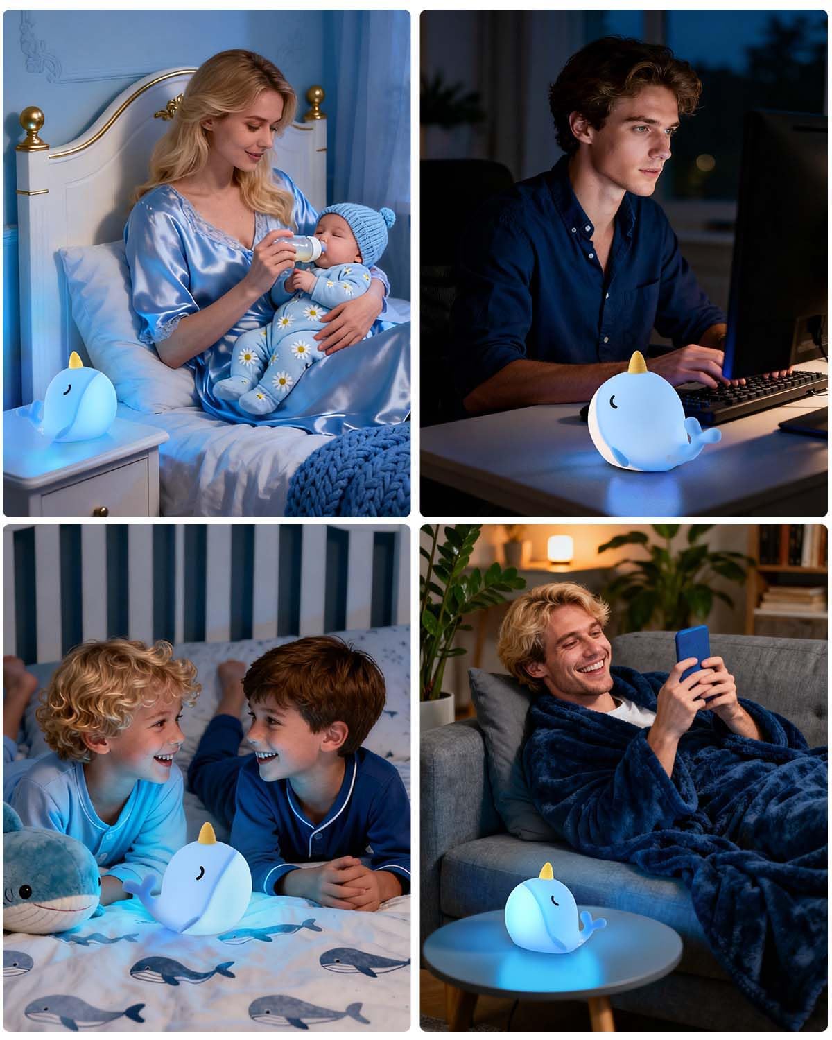 Fuloon Narwhal Night Light With Whale Shape  Squishy Silicone Kids Lamp  Safe & Soothing Touch Control For Kids And Babies  Usb-C Rechargeable  30-Min Auto Timer  Gift Idea (Blue)