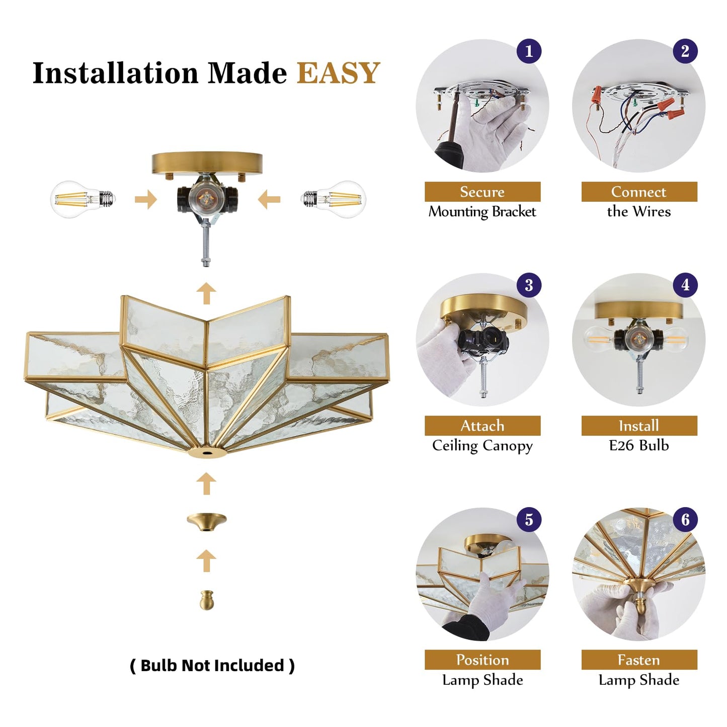 Brass Star Flush Ceiling Light - 19.5 Inch Gold Hammered Glass Large Mount Fixture - Art Deco Mid Century Vintage Modern Moravian Lighting Lights For Bedroom Dining Entryway Foyer Living Room Fixtures