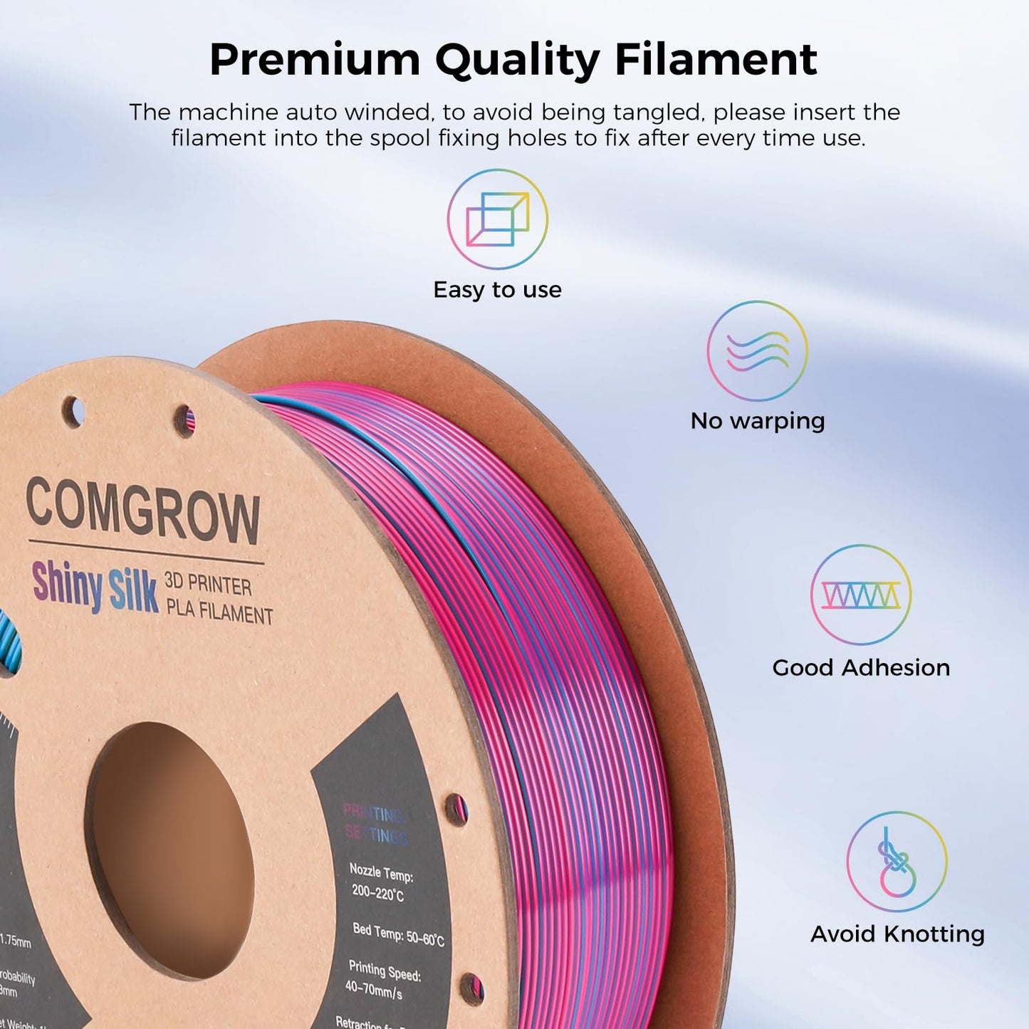 Comgrow Tri-Colors Silk PLA 3D Printer Filament, Rainbow PLA Filament 1.75mm, Dimensional Accuracy +/- 0.02 mm, 1KG Spool, Coextrusion 3D Filament with Shiny Silk Red-Blue-Yellow