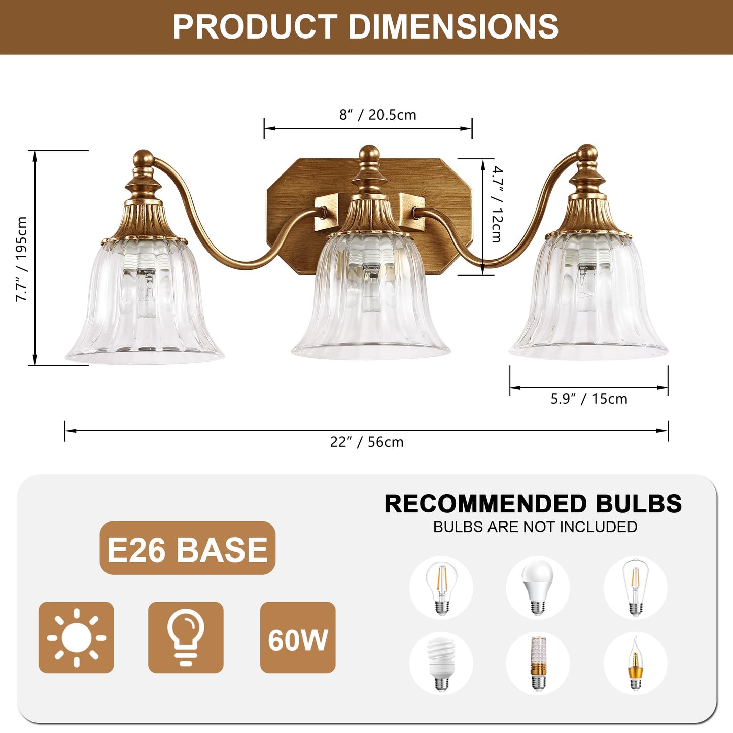 Dvmteom Gold Vintage Bathroom Light Fixtures  3-Lights Bathroom Vanity Light  Antique Brushed Gold Lighting Fixtures Over Mirror With Crystal Glass Shade  Wall Sconce Lighting