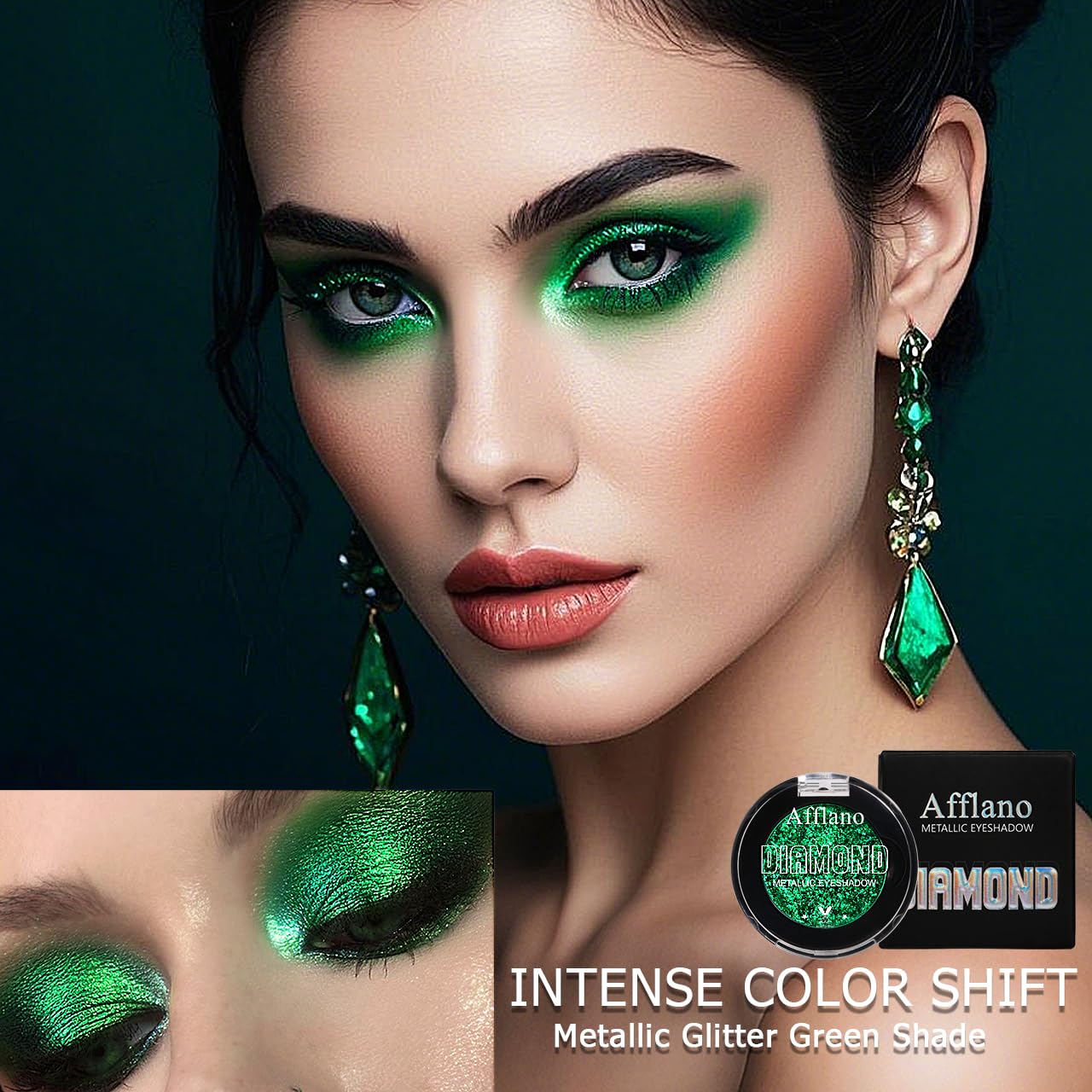 Afflano Green Glitter Eyeshadow Makeup, Chrome Emerald Green Eyeshadow palette Instant Color, Highly Pigmented, Metallic Shimmer