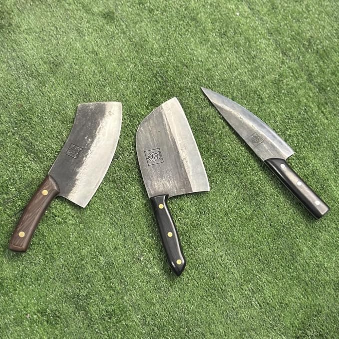 3-Piece Hand-Forged Carbon Steel Kitchen, BBQ Knives – Full Tang Cleaver, Butcher and Cooking Knives