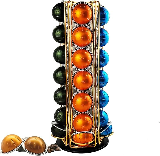 Vertuo Pod Holder Carousel Stand for 35 Nespresso Vertuo Capsule Storage Organizer with Extra Space for Coffee Mate Silent Rolling，Gold