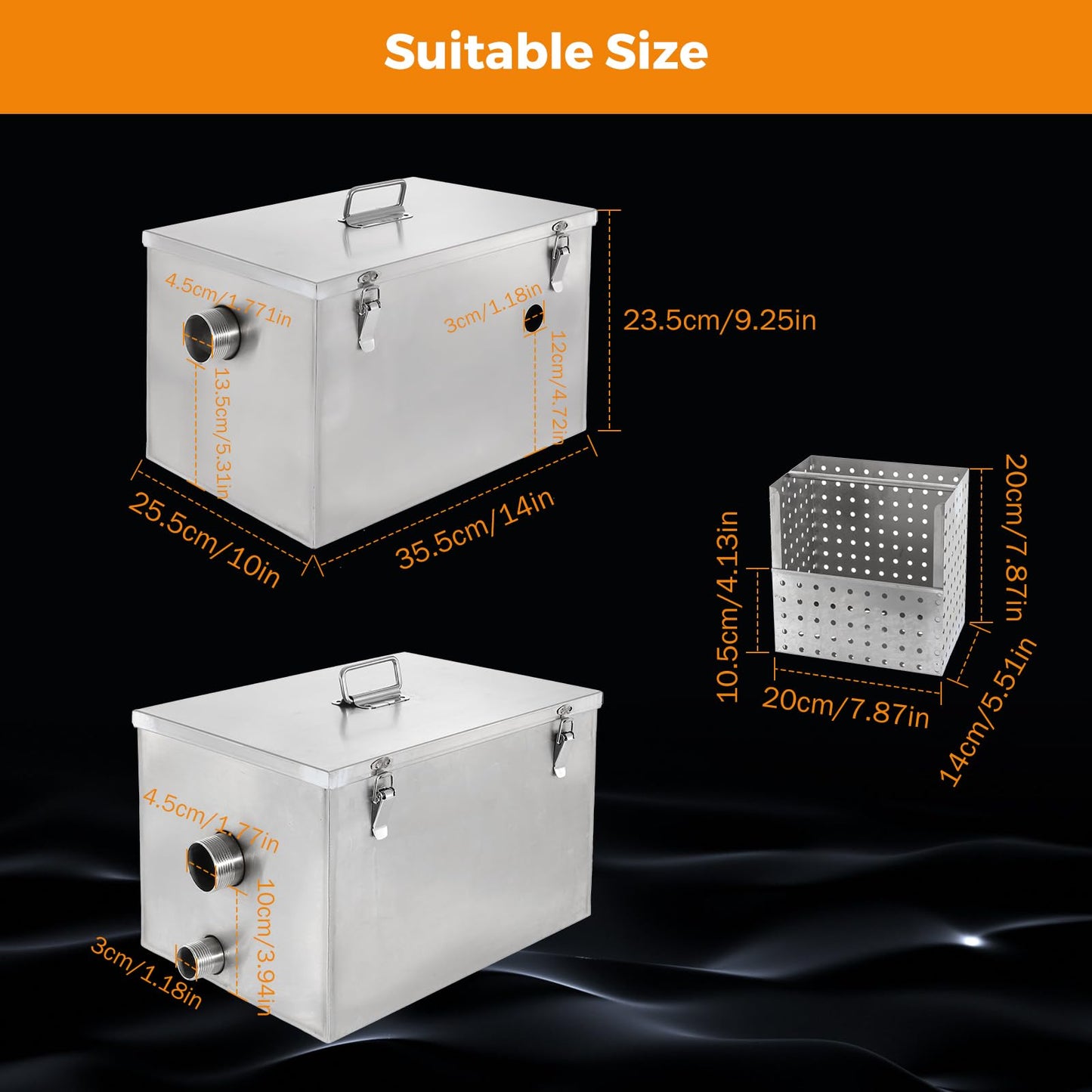 BEAMNOVA 8lbs Commercial Grease Trap Stainless Steel Interceptor for Restaurant Side Inlet