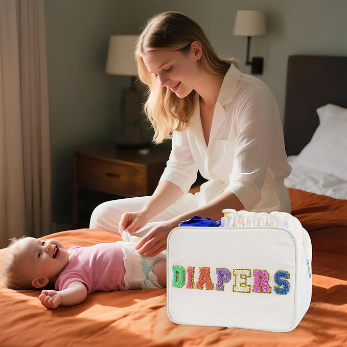 Portable Small Diaper Bag, Chenille Letter Diaper Caddy Organizer Pouch Newborn Baby Essentials Must Haves for Nursery Changing Table, White Waterproof Diaper Pail Baby Shower Gifts for Mom To Be
