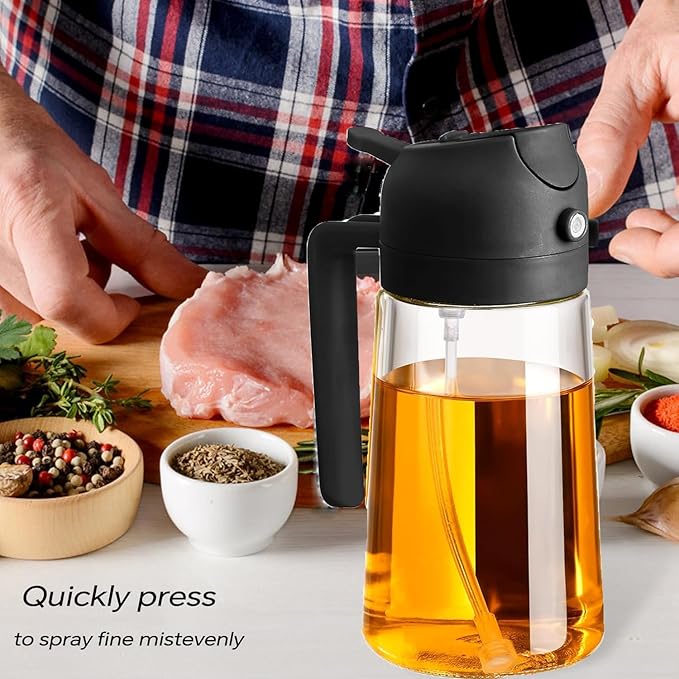 4 Pack 16oz/470 ml Olive Oil Dispenser Bottle 2 in 1 Clear Glass Oil Sprayer and Container Refillable Vinegar Dispenser with Automatic Cap Portable Spray Bottle for Cooking Baking Black