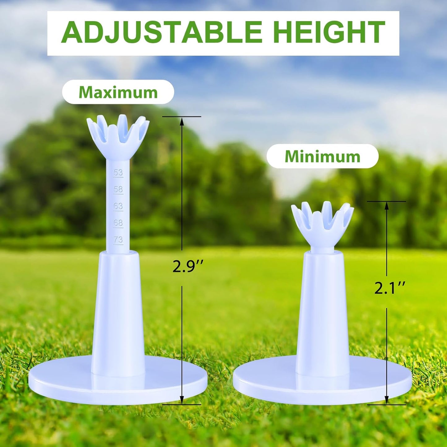 6 Pieces Adjustable Golf Tees Set for Driving Range Mats Simulator 2.1-2.9 Inches Height Range Tees Rubber Plastic Unbreakable Golf Accessories for Indoor Outdoors, White