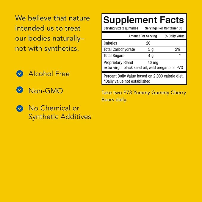 NORTH AMERICAN HERB & SPICE Kid-e-kare Yummy Gummy Cherry Bears - 60 Real Cherry Gummies - Daily Immune Support for Children - with P73 Oreganol & Black Seed Oil - Non-GMO - 30 Servings