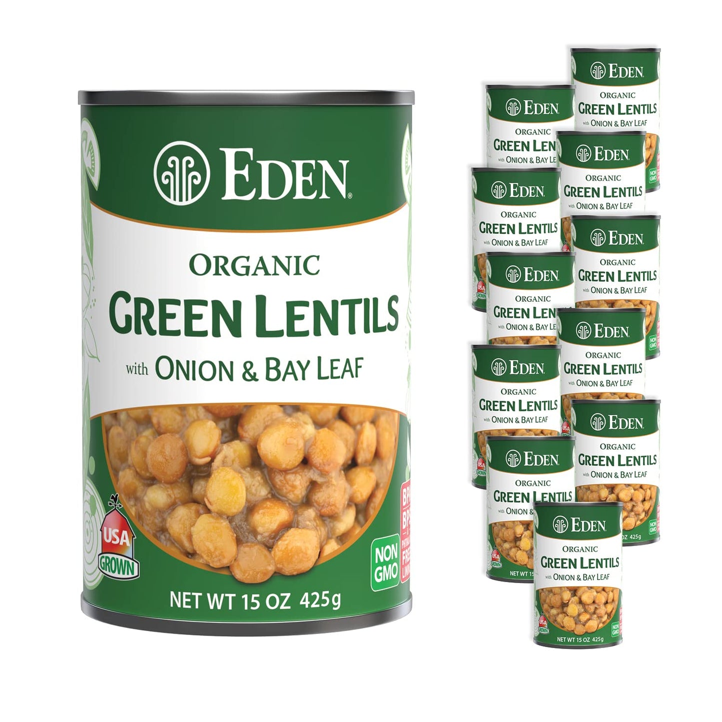 Eden Organic Green Lentils With Onion And Bay Leaf, 15 Oz Can (12-Pack Case), Non-Gmo, Vegan, Kosher, U.S. Grown, Heat And Serve