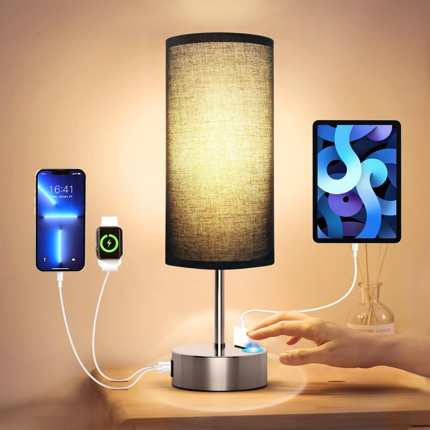 KPQ Touch Control Table Lamp with USB Ports, 3-Way Dimmable, 14in Small Size, Black Shade-Silver Base