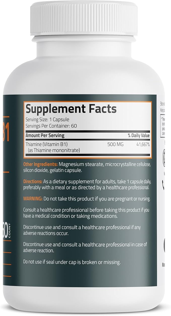 Bronson Vitamin B1 Extra Strength 500 MG High Potency Non-GMO, 60 Capsules