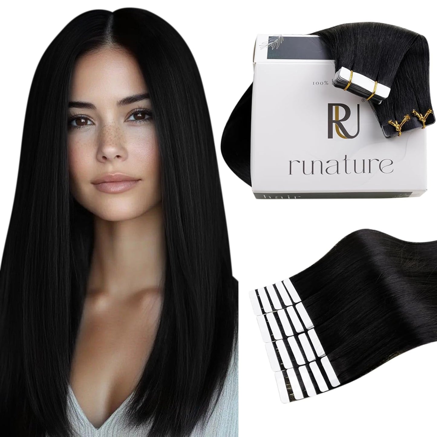 RUNATURE Tape in Hair Extensions Human Hair Jet Black, 30 Inch Tape in Extensions for Women, Long Straight Hair Extension Tape i
