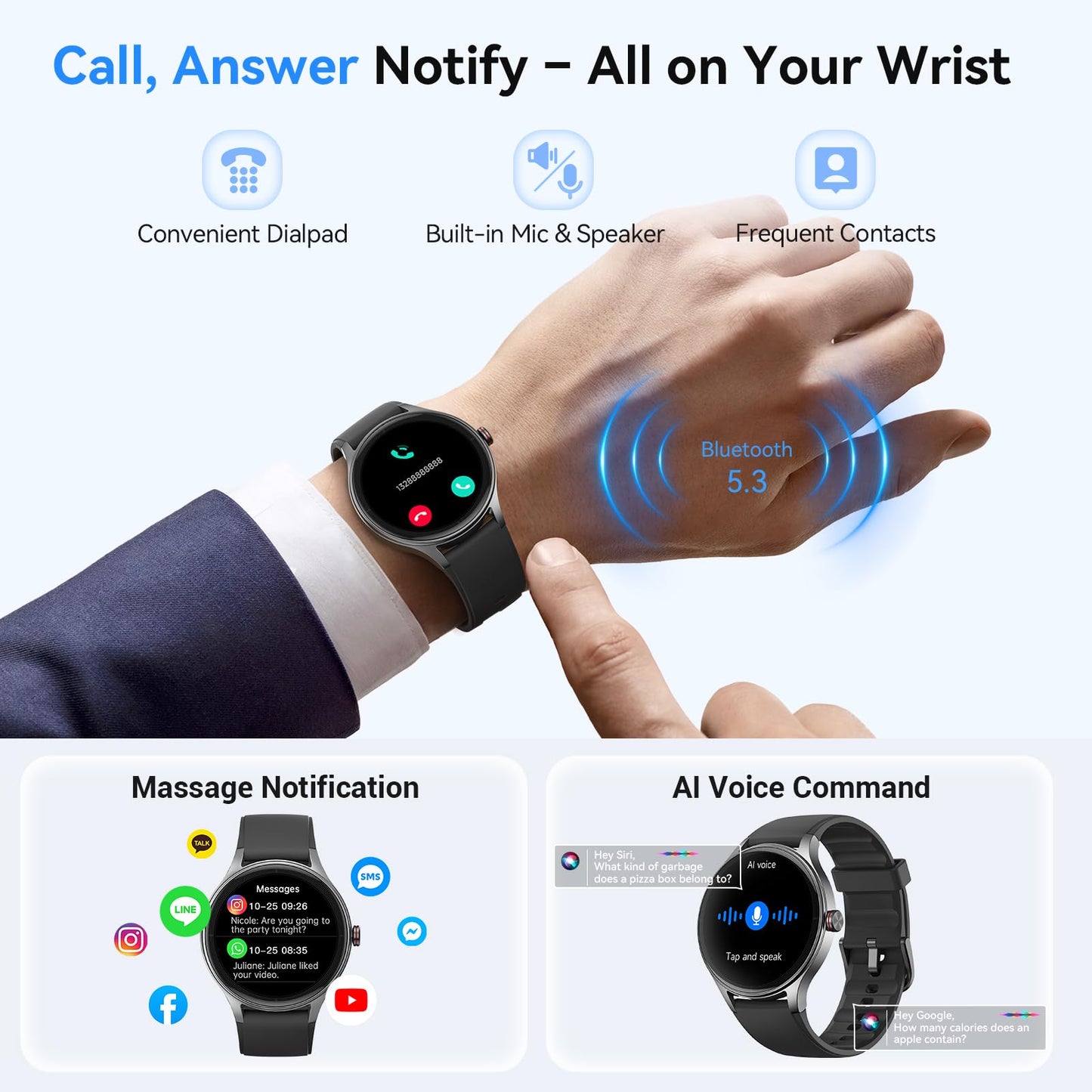 Fitpolo Smart Watches for Men/Women (2 Bands), 1.27" Round Smartwatch Fitness Tracker with Bluetooth Calls (Make/Answer), Heart Rate/SpO2/Sleep Monitor, 7 Days Battery, IP68 Waterproof - Black