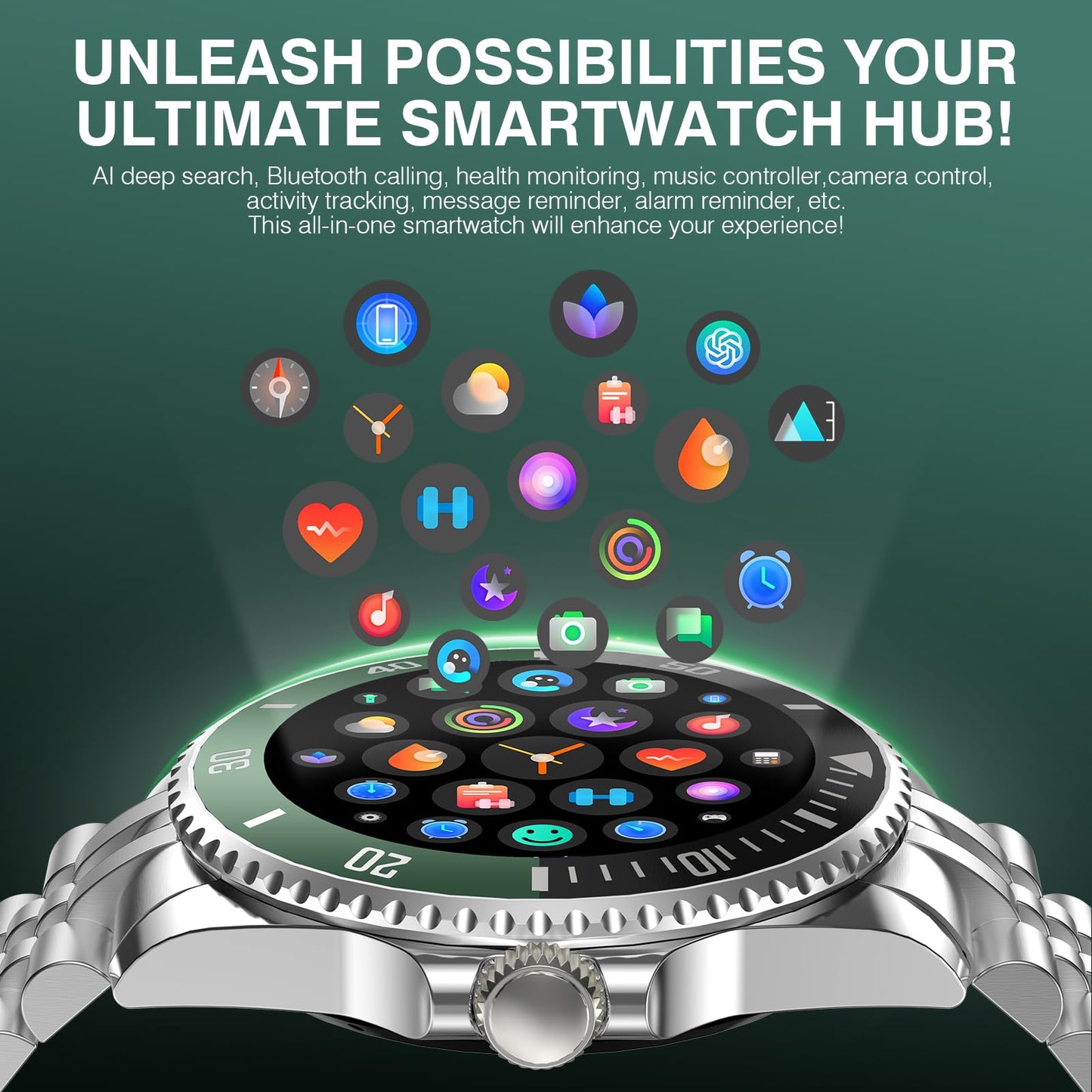 2025 DA GPT Smart Watch for Men, Heart Rate, Blood Pressure, Blood Oxygen, Sleep Monitor, 107 Sports Modes, 1.19-inch AMOLED Display, Waterproof Round Watch, Compatible Android iOS Silver Green