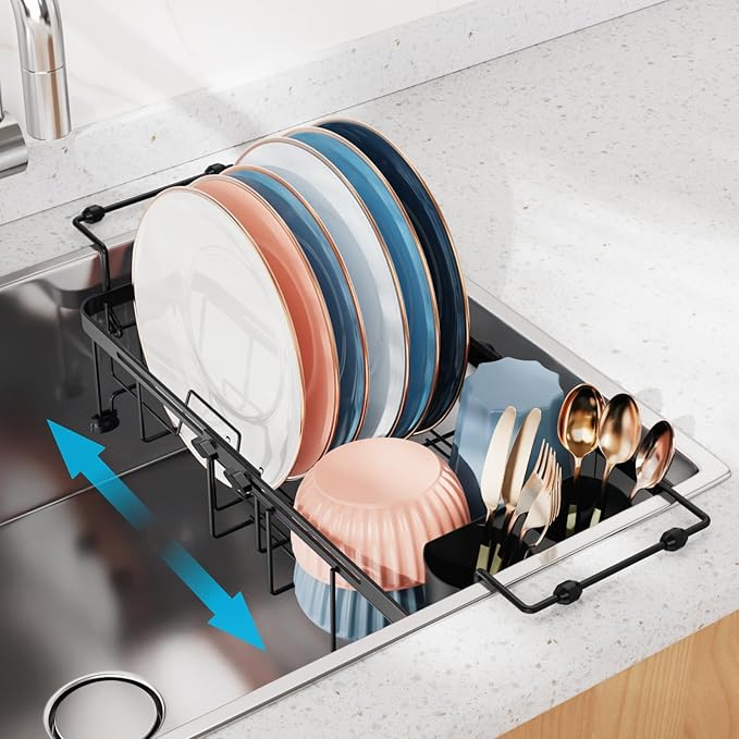 iSPECLE Small Sink Dish Drying Rack, Capacity Expandable Narrow Dish Drainer for RV Sink Apartment Kitchen with Utensil Holder, 12"-16.8" L x 9" W, Black