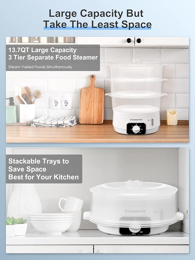 3 Tier Electric Food Steamer for Cooking, 13.7QT Vegetable Steamer for Fast Simultaneous Cooking, Veggie Steamer, Food Steam Cooker, 60 Minute Timer, BPA Free Baskets, 800W(White)