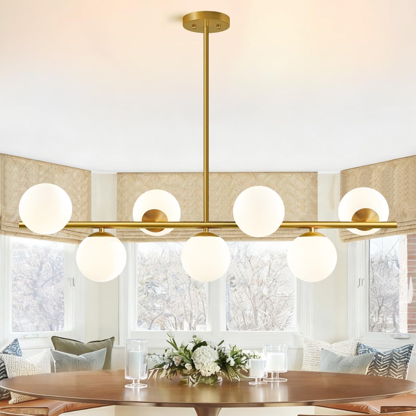 MQMQA 7-Light Modern Linear Chandelier, 43.3in Gold Pendant Light Fixture, Mid Century Design, Metal, Large Size