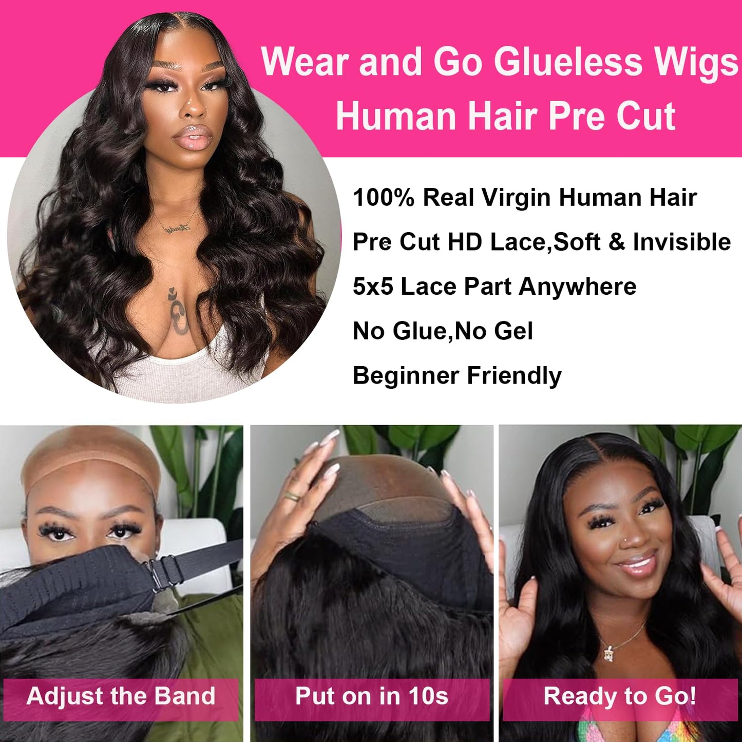 5x5 Pre Cut Lace Front Wigs Human Hair Wear and Go Glueless Wig Pre Plucked Pre Cut 180 Density 5x5 HD Lace Closure Wigs Upgrade