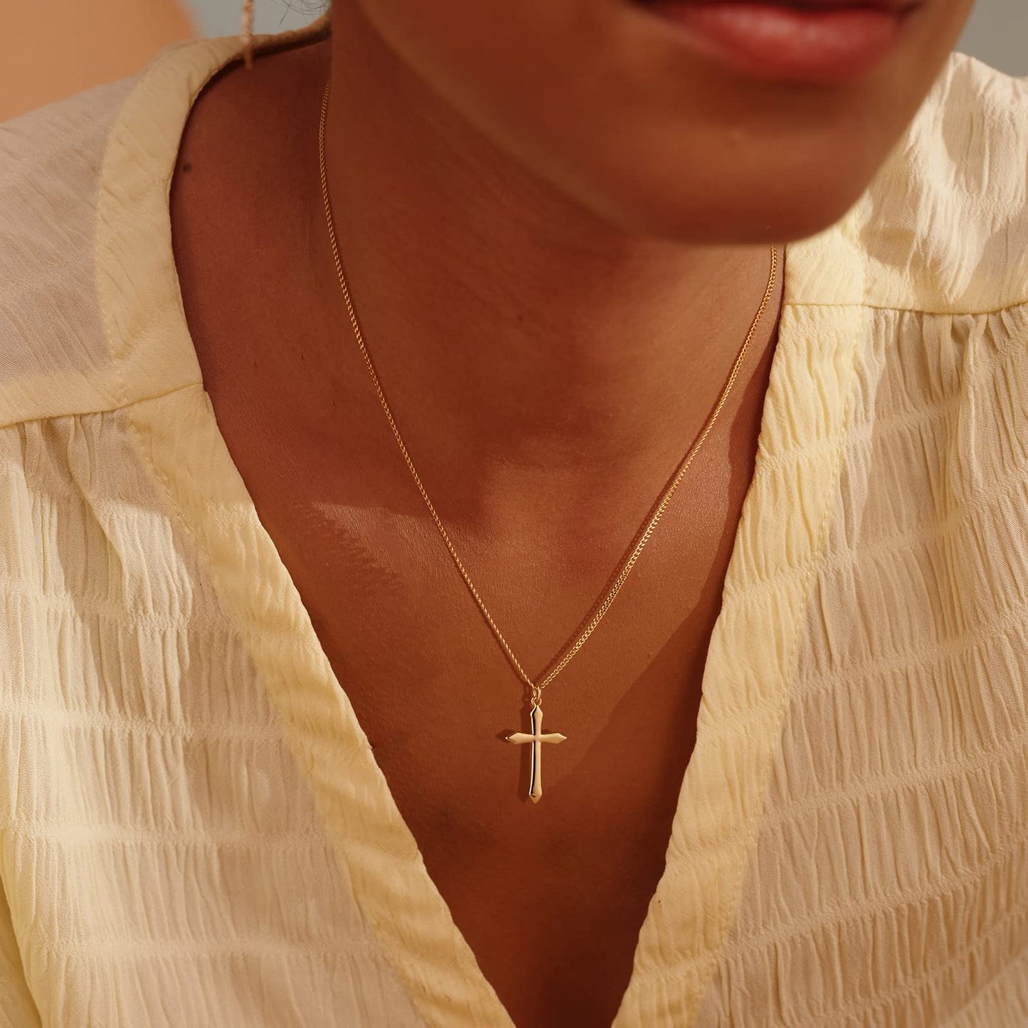 Fettero 14K Gold Plated Cross Necklace, Blank Cross Faith Pendant Dainty Chain Simple Tiny Jewelry Gift for Women
