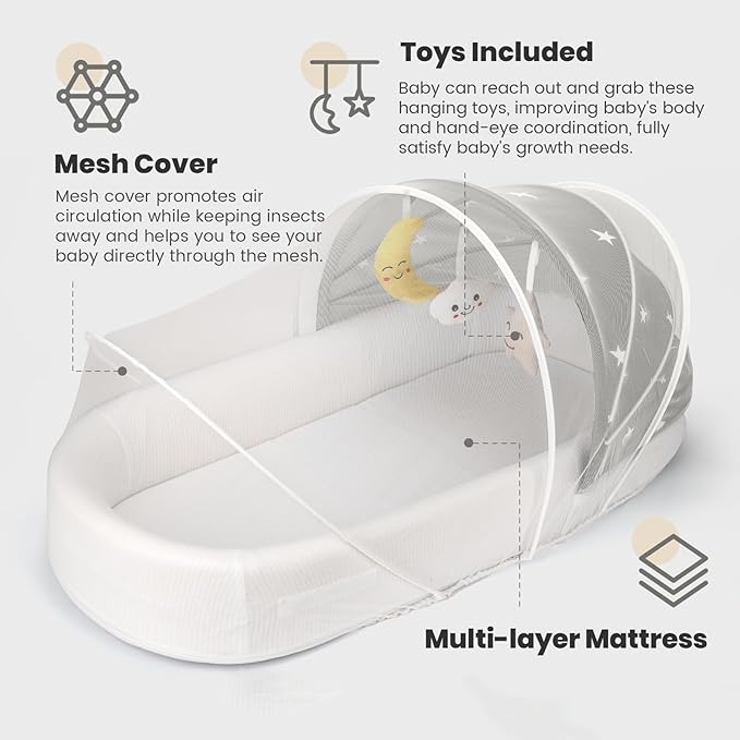 Portable Baby Bassinet- Travel Bassinet for Newborn and Infant, Suitable for Indoor & Outdoor Carry, Lightweight Foldable Washable, Portable Bassinet for Baby Travel, Portable Travel Bassinet, Grey