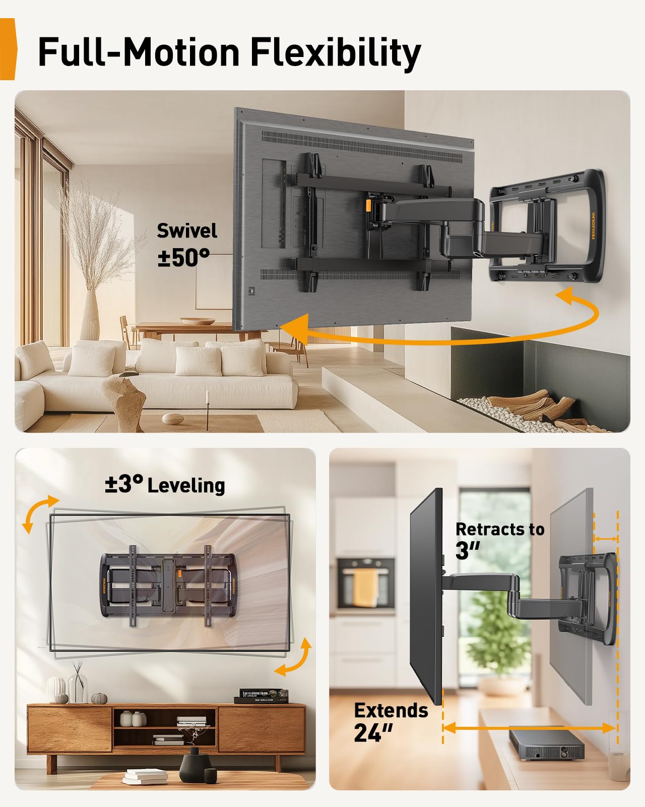 Perlegear Sliding TV Wall Mount for 42-95″ TVs up to 150 lbs with Cable Management, Tool-Free Tilt, Swivel & Extension, Fits 12″/16″/24″ Wood Studs, Max VESA 600x400mm, PGTVM41B