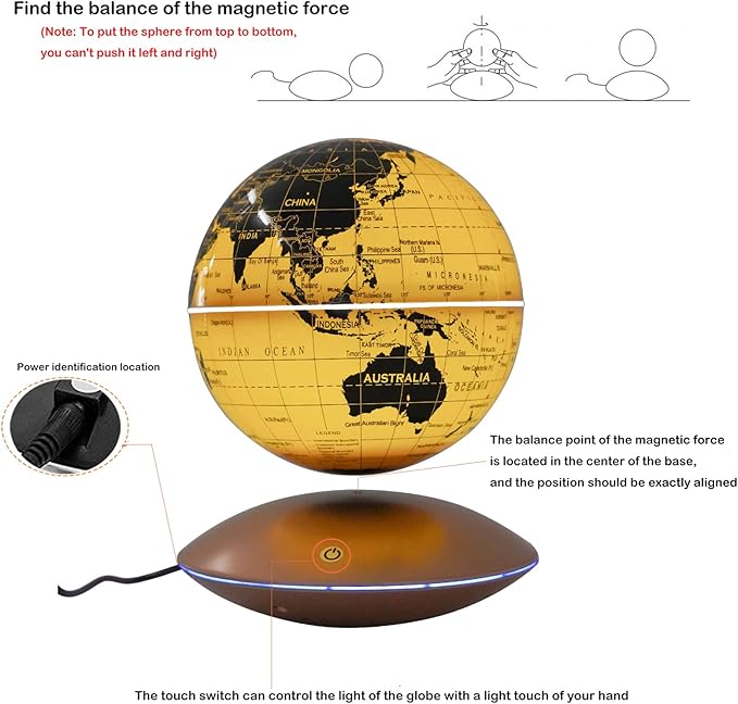 Floating Magnetic Levitation LED Globe, 6 Inch, Gold, Political Map, Metal Base