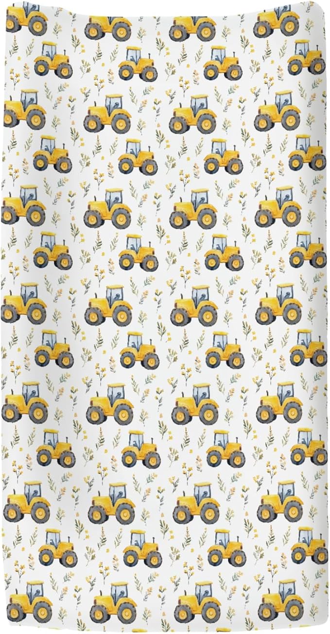 Watercolor Yellow Tractors Baby Changing Pad Covers for Boy Girl Farm Tractors Boho Leaves Fitted Change Table Mats Farm Life Soft Diaper Change Table Cover Sheets for 32''×16'' Contoured Pad