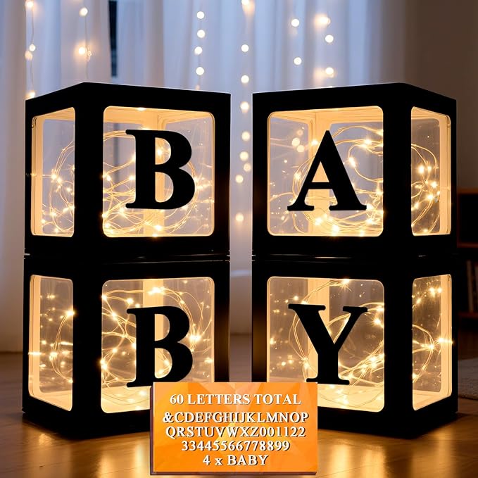 Ledido Baby Boxes with Letters for Baby Shower Decorations, 4 Pcs Transparent Balloon Boxes Blocks with Fairy String Light...