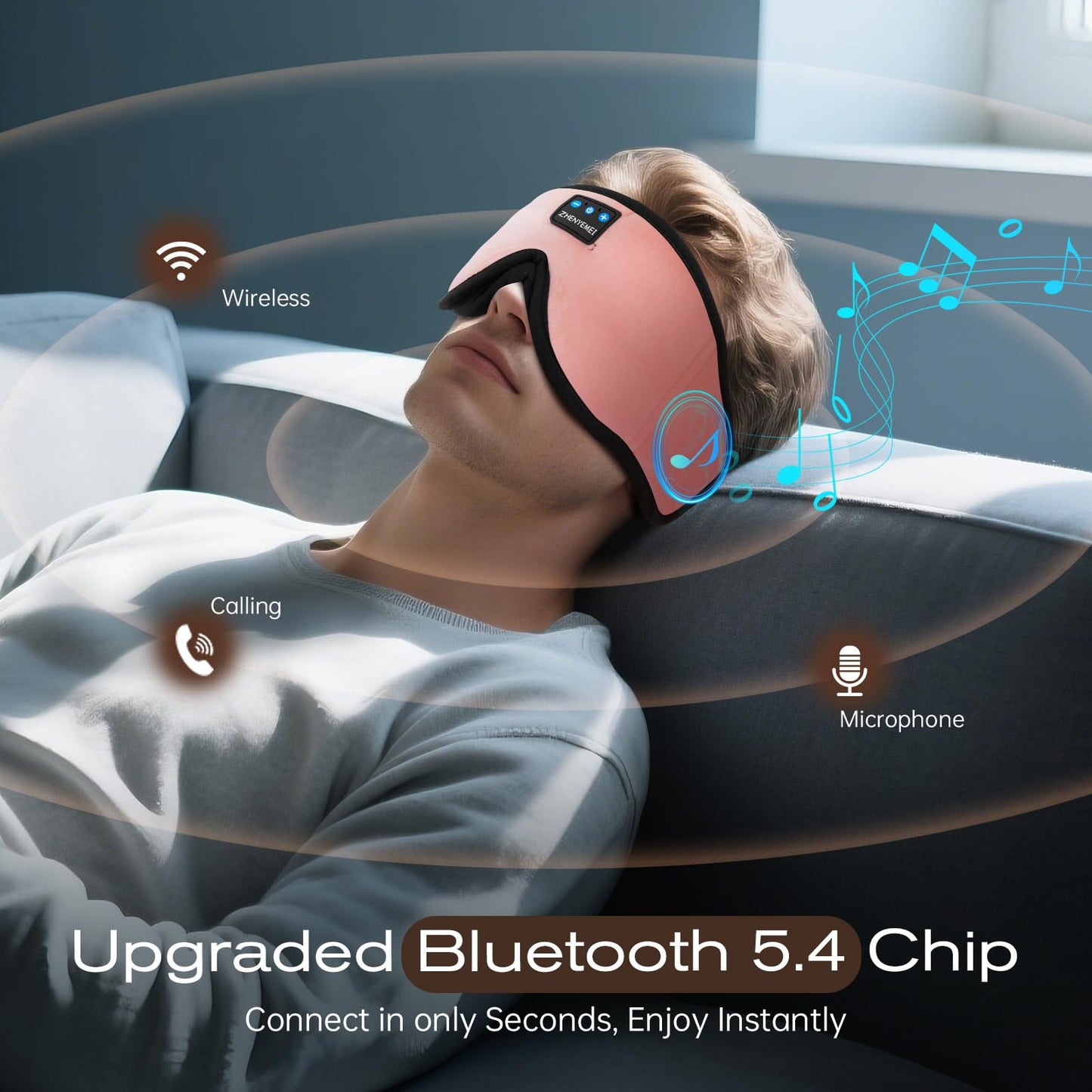 ZHENYEMEI 3D Sleep Mask with Bluetooth Headphones, Sleeping Headphones for Side Sleepers, Wireless Music Eye Mask with Ultra-Thin Stereo Speakers for Men, Women, Tech Gifts, Pink
