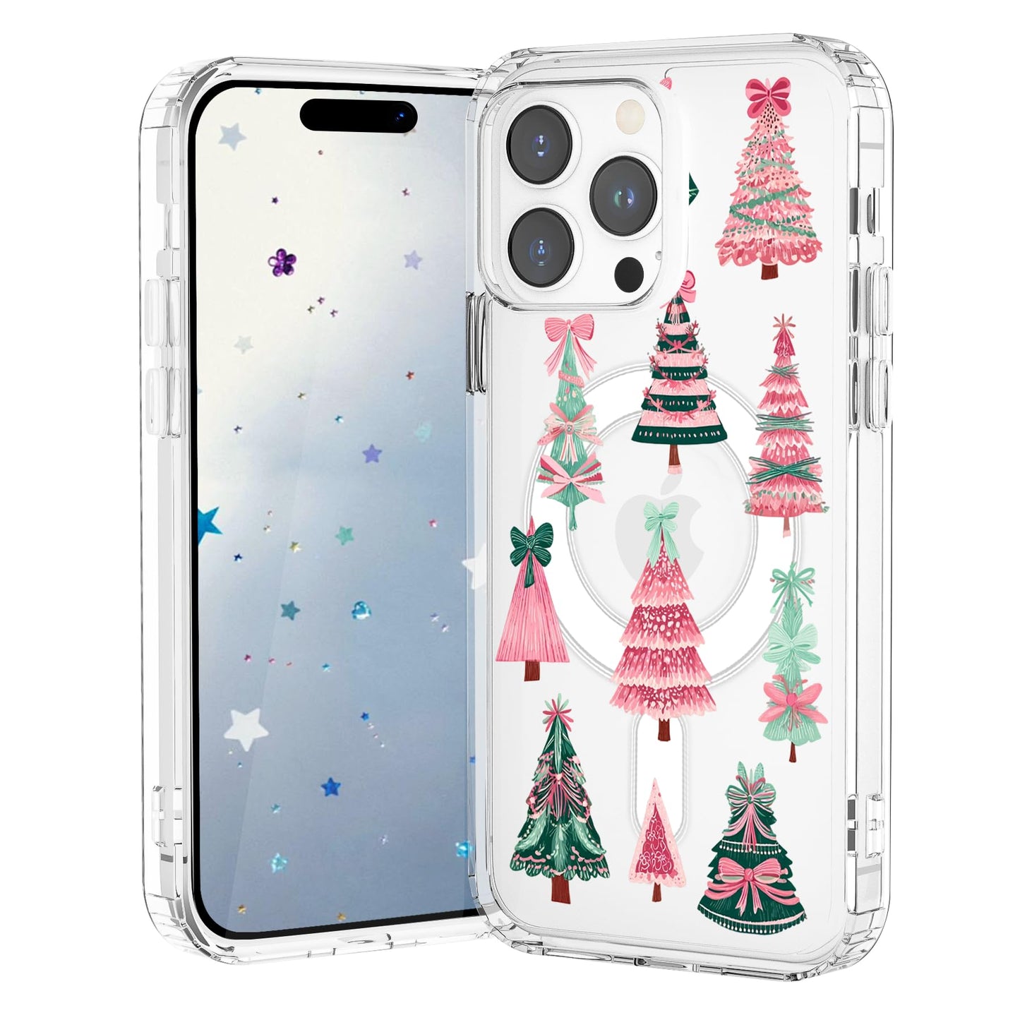 VibrantFruitique Christmas Case for iPhone 15 Pro,Pink Boho Xmas Tree Clear Magnetic Case,Compatible with MagSafe,Soft TPU Bumpe