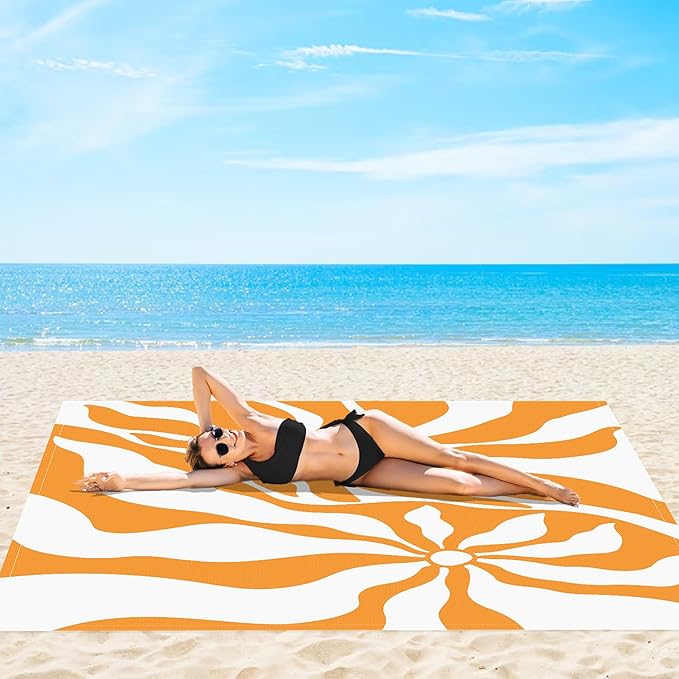 Sandproof Beach Blanket, Sand Free Waterproof Outdoor Beach Mat with 4 Stakes & Pockets, 78''×86'' Large Foldable Boho Sun Picnic Blanket with Portable Bag for Camping, Travel, Hiking