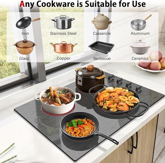 Karinear 30 Inch 4 Burners Electric Cooktop, Knob Control Electric Stove Glass Cooktops with Beautiful Wooden Pattern, 30" Built-in Radiant Ceramic Cooktop,6700W High Power,220-240v Hard Wire(No Plug)