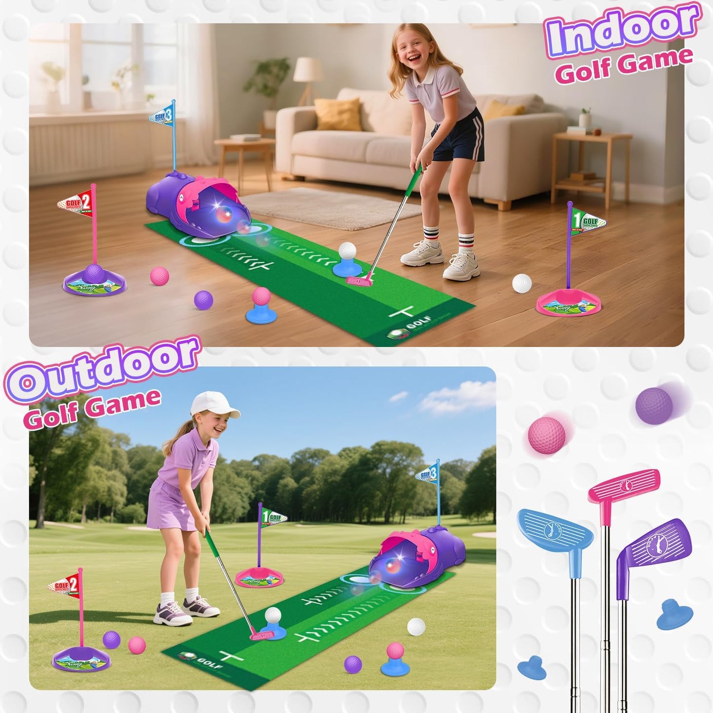 Kids Toy Golf Set with Dinosaur Automatic Golf Returner, Led Light Up Night Golf Balls, 3 Clubs, Putting Mat, 3-8 Toddler Mini Golf Games, Indoor Outdoor Sports Toys for Boys Girls (Pink)