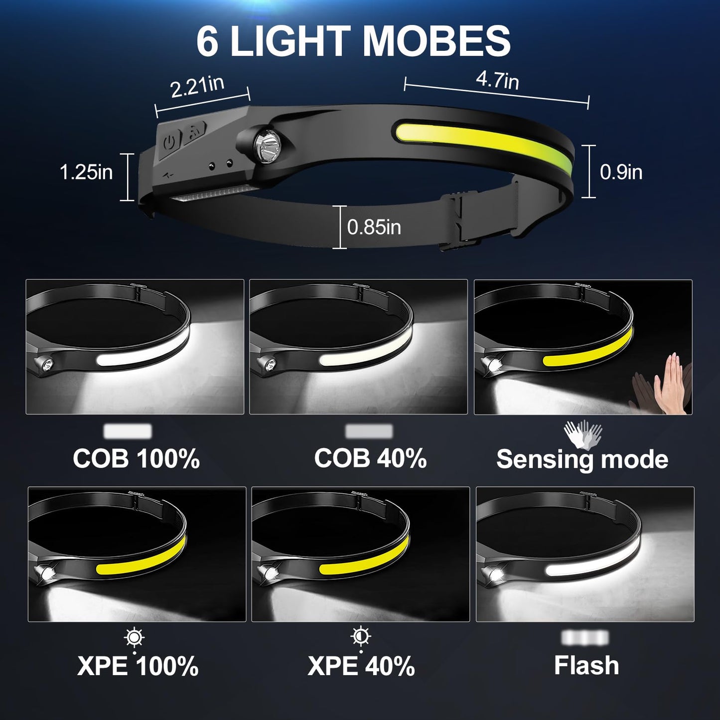 Bud K Rechargeable Headlamp 1200 Lumens LED 6 Modes Motion Sensor 4 Pack Black