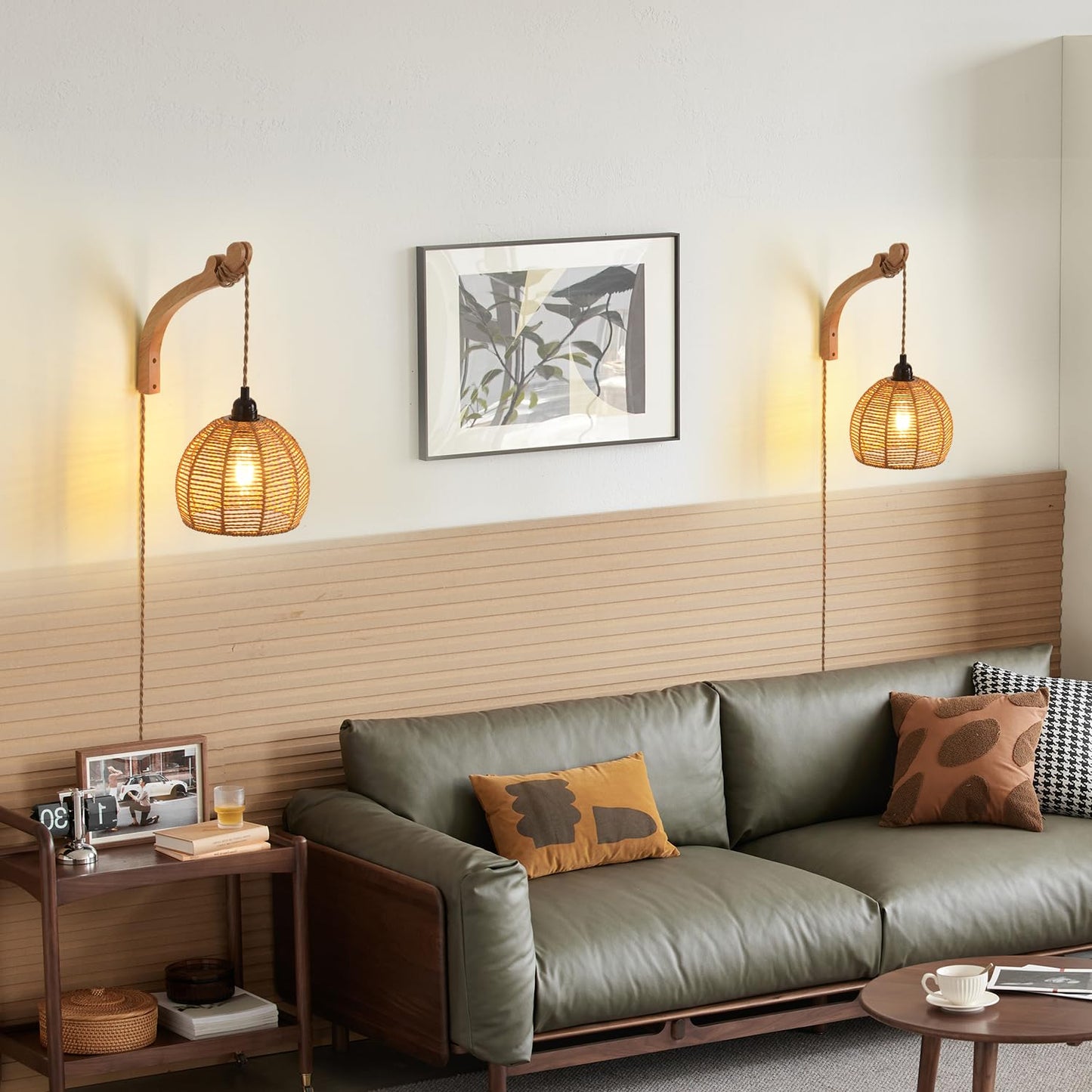 Cafulam Plug In Wall Sconce Farmhouse Wicker Wall Lamp Plug In Hand Woven Rattan Wall Light Farmhouse Rustic Boho Sconces Wall Lighting For Living Room Bedroom