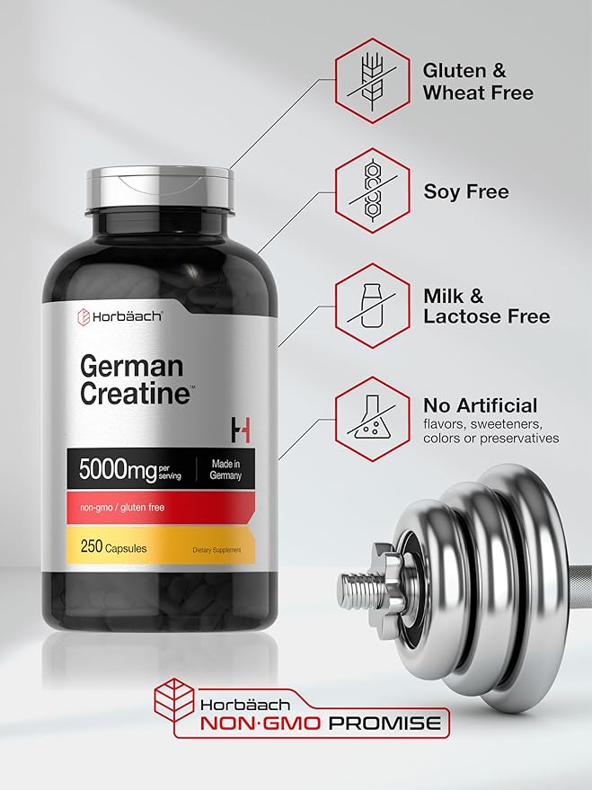 Horbäach German Creatine Monohydrate 5000mg | 250 Capsules | Non-GMO, Gluten Free Supplement