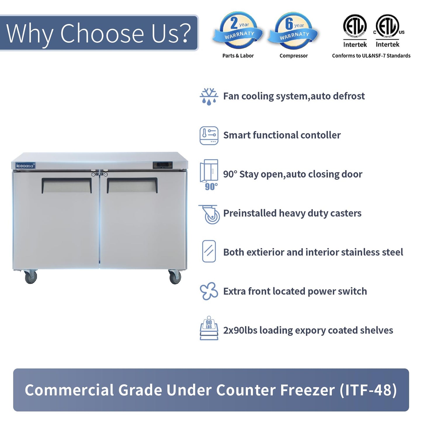 ICECASA 48" W Commercial Freezer Worktop Undercounter Freezer Single Door Stainless Steel Counter Fan Cooling 13 Cu.ft for Restaurant, Bar, Shop, etc