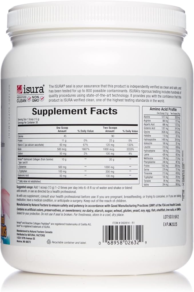 Natural Factors Total Body Collagen Bioactive Peptides Powder for Healthy Skin, Hair & Joints, Unflavored, 500 g