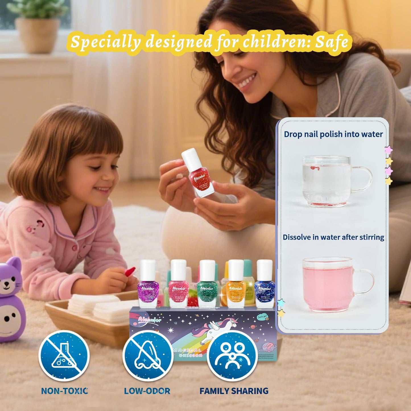 Aieenjor Non-Toxic Kids Nail Polish Set, Glitter Quick Dry Fingernail Polish for Toddler, Water-Based Peelable Nail Polish for K