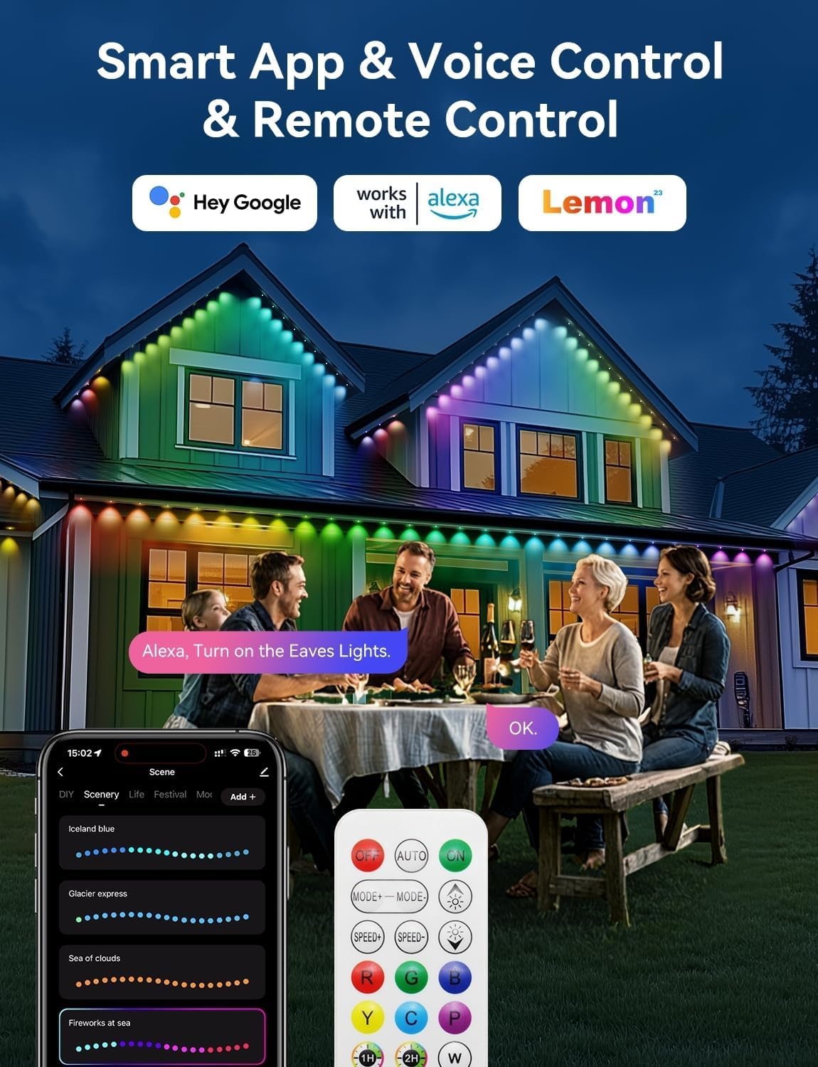 Lemonlovely Permanent Outdoor Lights Pro  180Ft With 132 Ic+Rgbcw Smart Led Eaves Christmas Lights For Daily Decoration  Ip67 Waterproof For Outside Xmas Halloween House Roof Lighting  White