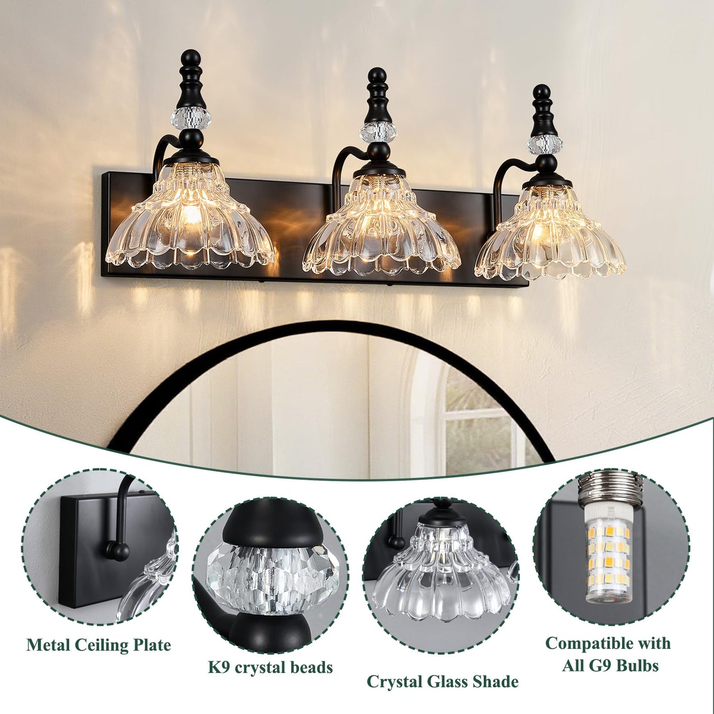 Lbsqj Vintage Bathroom Vanity Light  3-Light Black Vanity Lighting Fixture With Flower Glass Shade  Bathroom Lighting Fixtures Over Mirror