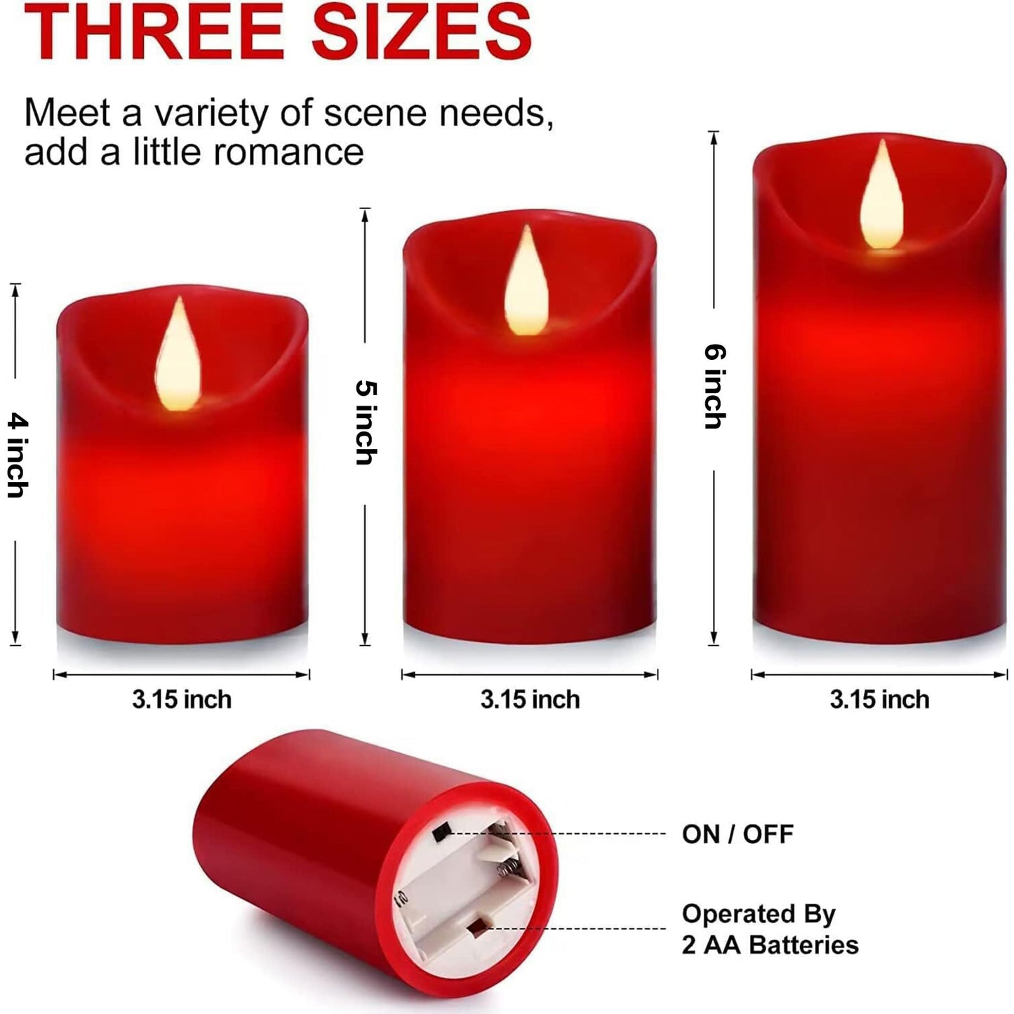 Roomsily Flameless Battery Operated Flickering Candles:3PACK Red Real Wax Pillar Candle,Electric LED Candle with 10-Key Remote Control and 24 Hours Timer for Home Decoration Holiday Party