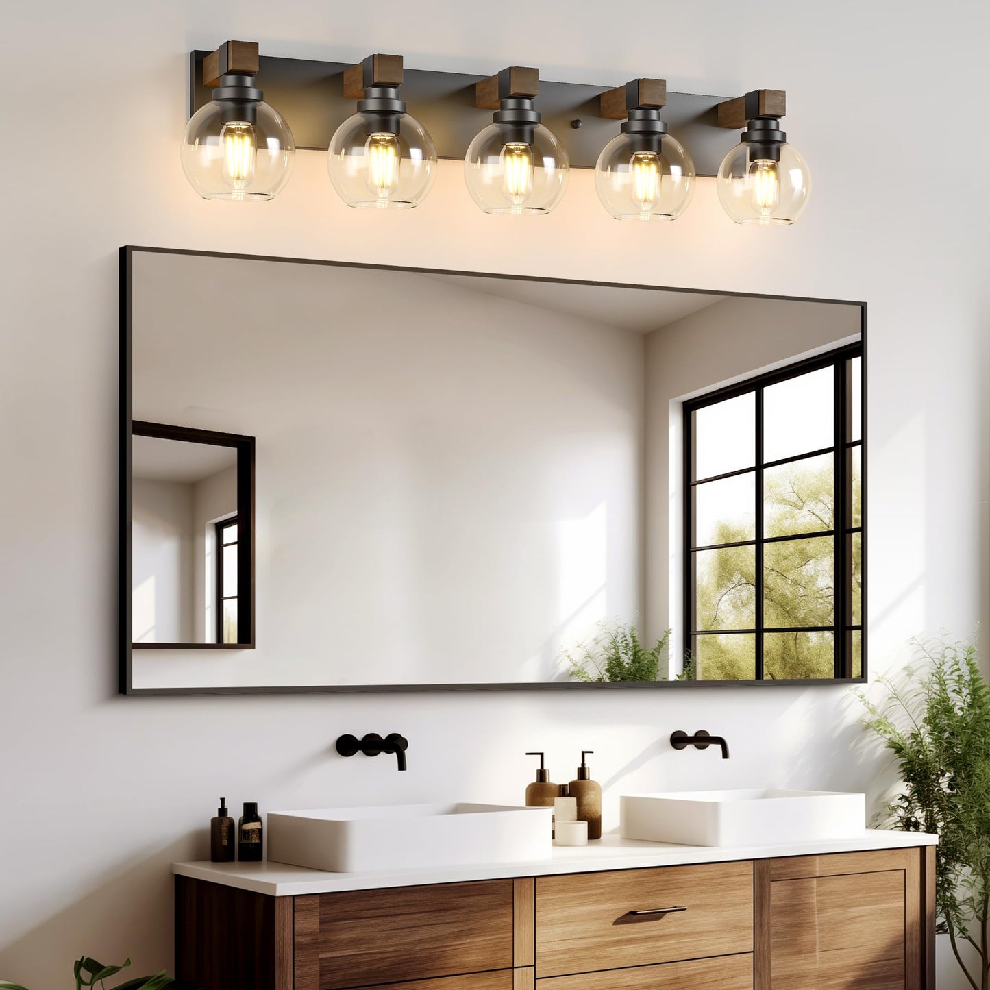 Farmhouse Bathroom Vanity Light Fixtures  5-Light Wood Bathroom Light Fixtures Over Mirror  Rustic Sconces Wall Lighting With Glass Shade For Living Room  Bedroom  Hallway