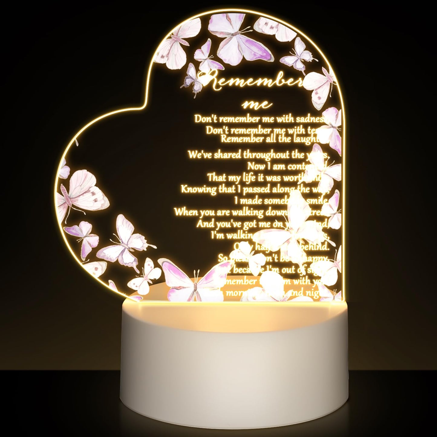 Coume Memorial Gift Night Light Clear Crystal Acrylic Heart Sympathy Gifts Sign Led Light Remembrance Bereavement Decor Condolence Present For Loss Of Loved One(Purple Butterfly Style)