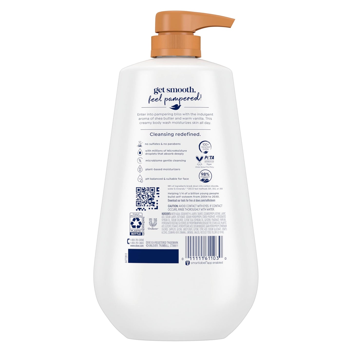 Dove Body Wash with Pump Pamper Shea Butter & Vanilla for 24hr Lotion-Soft Skin Moisturizing Skin Cleanser with No Sulfates No P