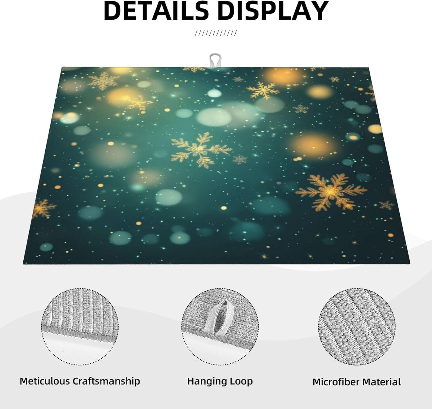 Dish Drying Mat Snowflake Green Christmas New Year Absorbent Microfiber Non Slip Quick Dry Heat Resistant Holiday Decorative Kitchen Counter Mat for Plates Cups Glasses 18x24 Inch