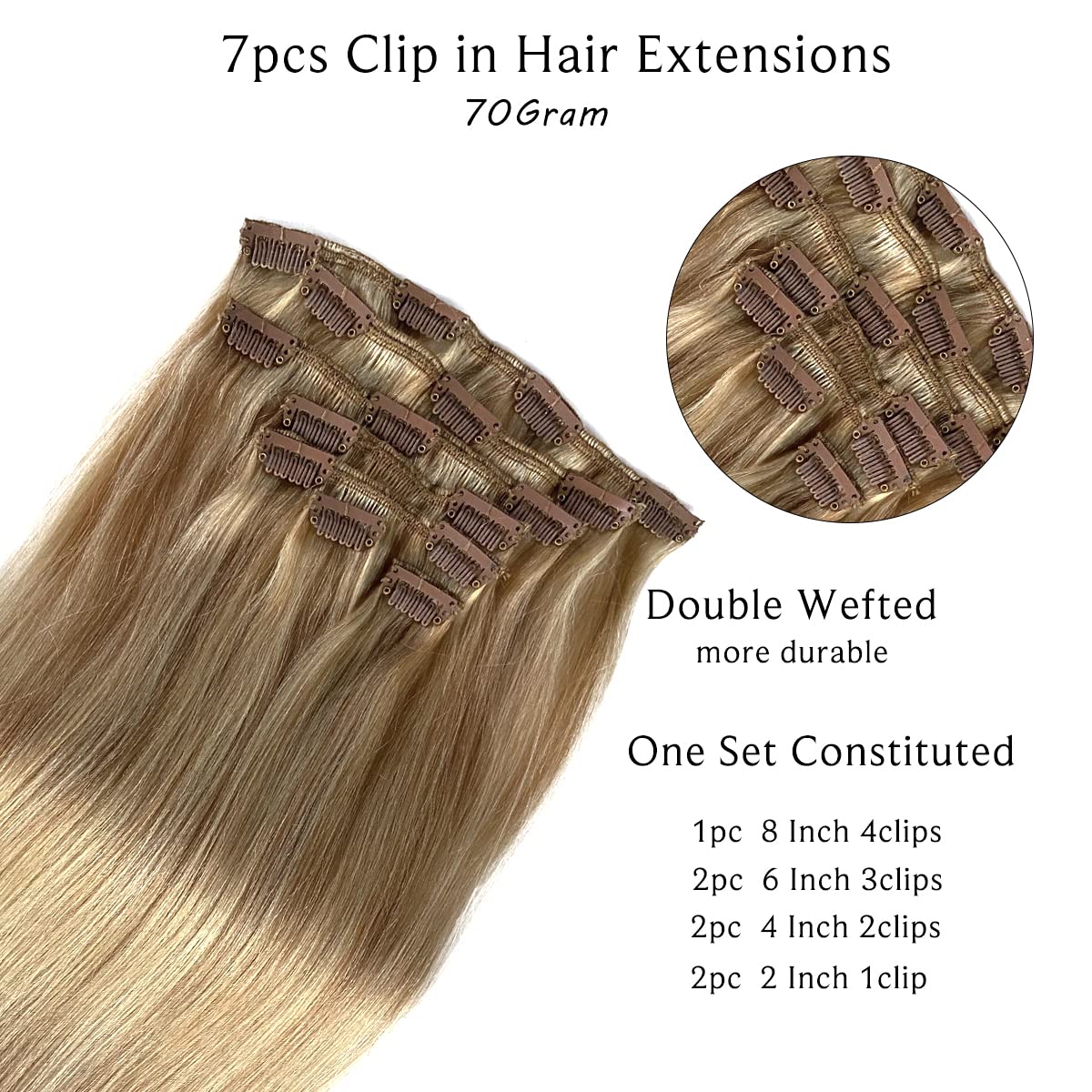Labetti Clip in Human Hair Extensions with Blonde Highlights 7 Pieces 70g Silky Straight Weft Remy Real Hair (20 inches, #27-613