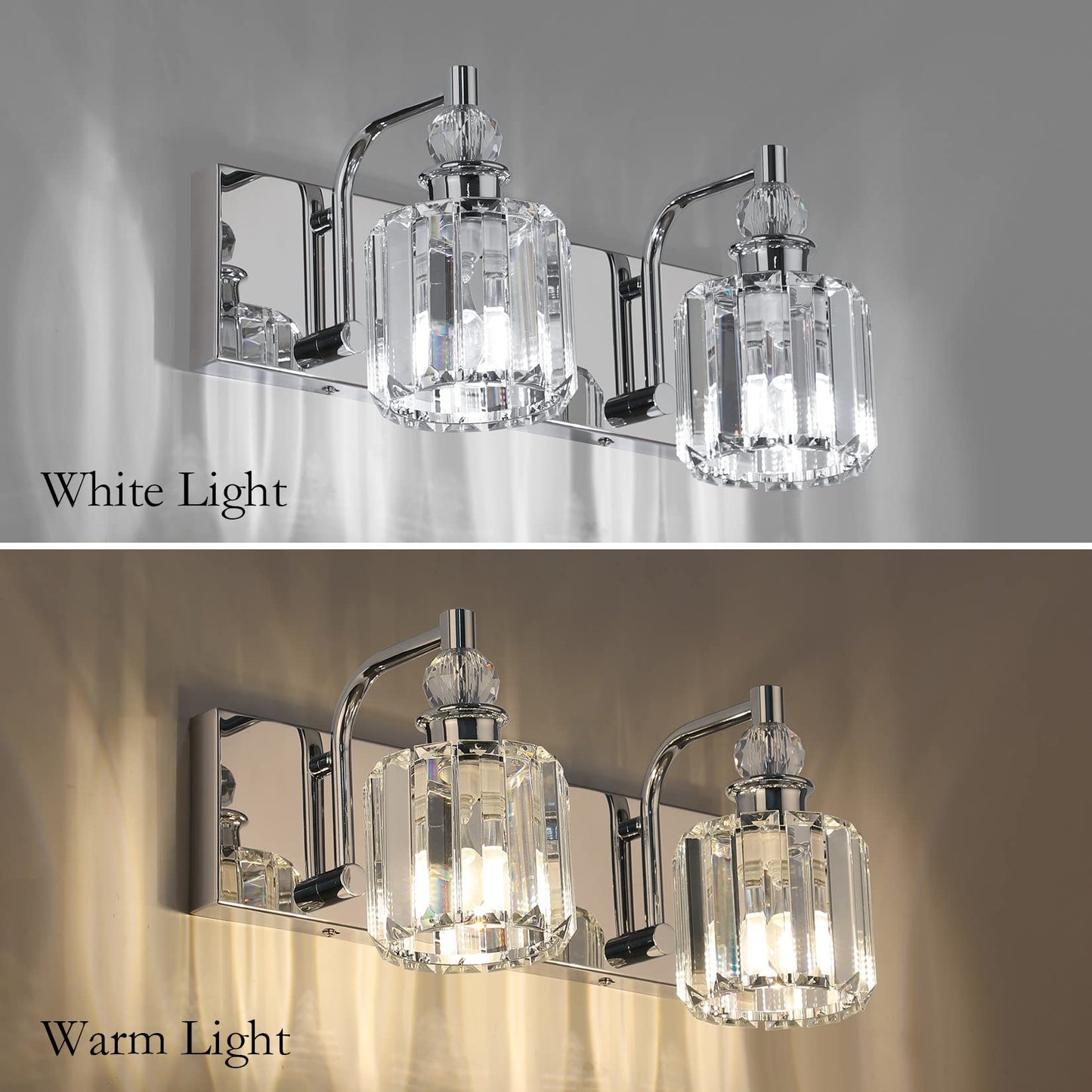 Ralbay Crystal Vanity Light - Modern Chrome 2-Light Bathroom Fixture, 15 Stainless Steel, Model 8605